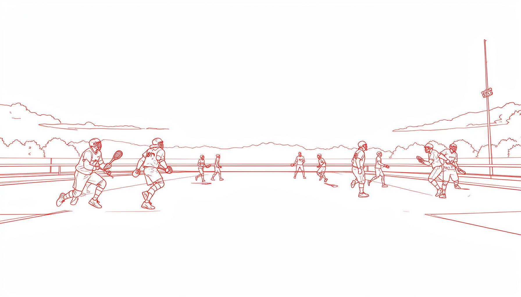 Panoramic line drawing of a lacrosse field at dusk, with players spread across the field in dynamic poses and a glowing horizon